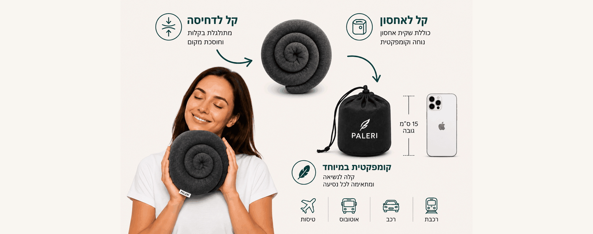 כרית צוואר ארגונומית PALERI עם שקית אחסון